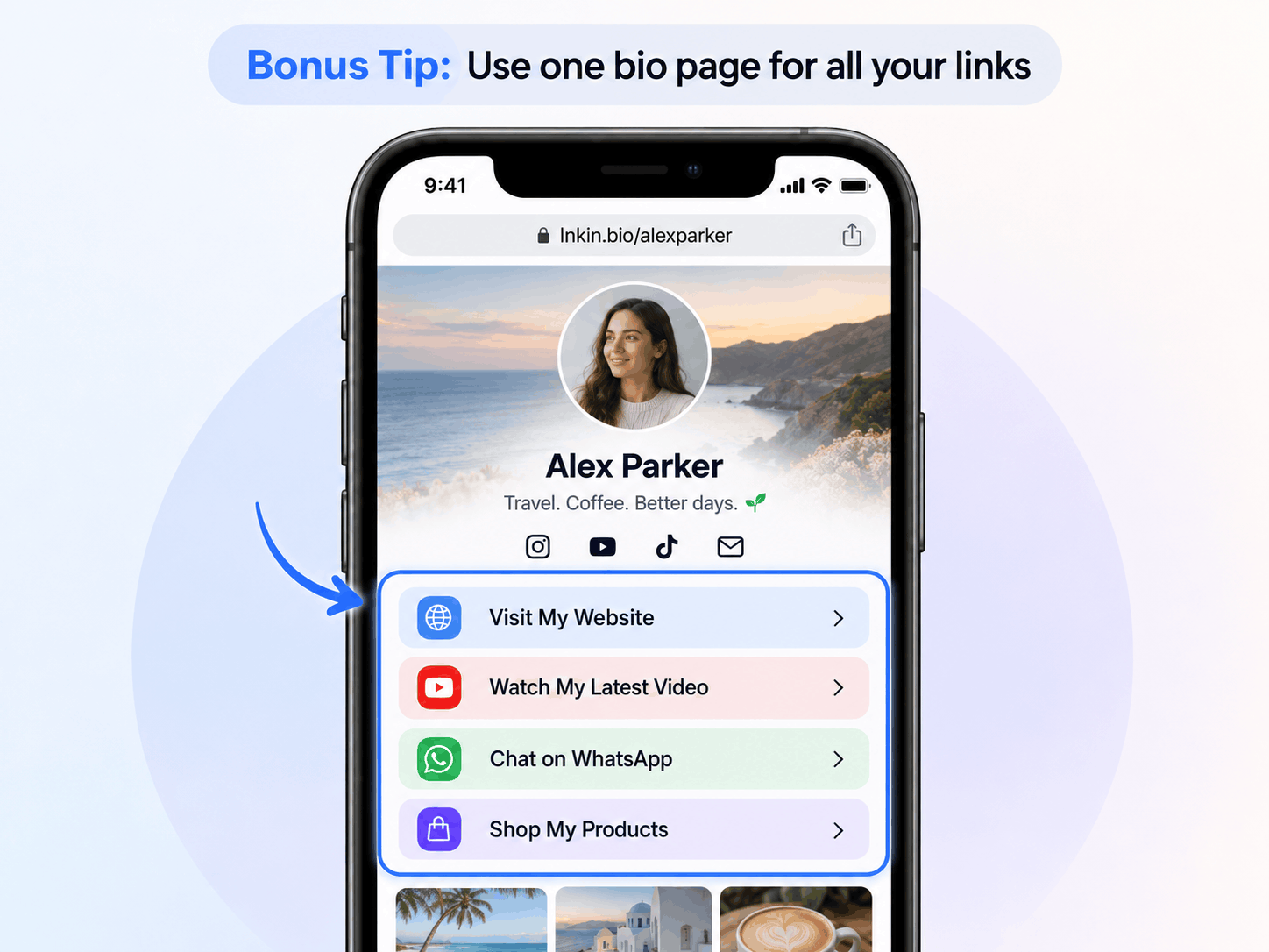 Example of a personalized link in bio page created with LnKin.bio Example of a personalized link in bio page created with LnKin.bio
